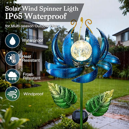 Solar Yard Lights Wind Spinners- Metal Lotus Flower Garden Decor LED Crackle Glass Globe Yard Art Sculpture Solar Stake Lights for Patio Pathway Lawn Walkway (Blue-Large)