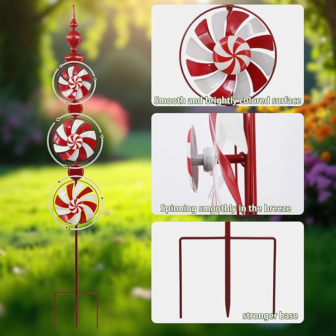 Red Candy Wind Spinner Mother's Day Outdoor Decorations,52 Inch Metal Wind Spinner Outdoor Decoration for Yard Art and Garden Lawn Ornaments，Outdoor Mother's Day Decorations Yard and Lawn Ornaments