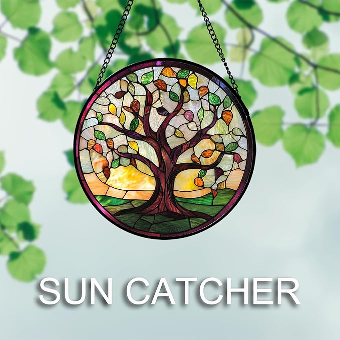 Stained Glass Window Hanging Colorful Tree of Life Large 11.8" - Green Suncatcher Door Garden Sun Catcher Home Decor Birthday Christmas for Mom Men Woman Nana Wife Friend