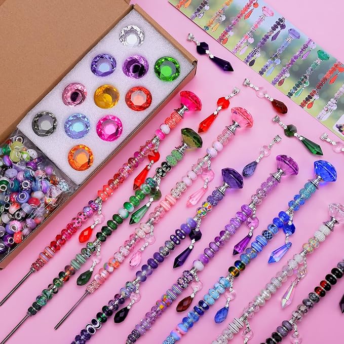 AIPRIDY DIY Fairy Wand Garden Stake Beads Kits with Rainbow Colorful Assortment Large Hole Beads, Beaded Garden Stakes kit with Crystal Diamond Top (238Pcs Rainbow+Diamond)
