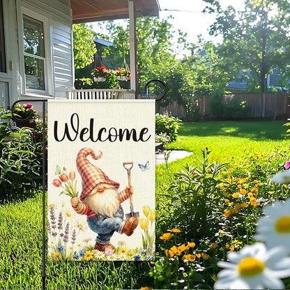 Gnome Spring Garden Flags for Outside,Welcome Spring Garden Flag Yard Lawn Porch Flags for Outdoor Decorations 12x18 Inch Double Sided