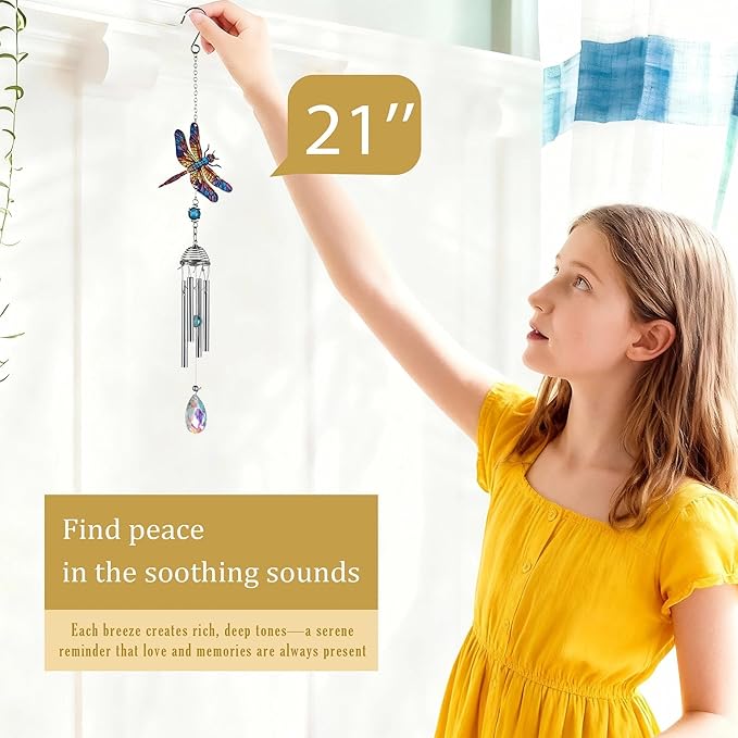 YU FENG 21" Dragonfly Wind Chimes for Outdoor Garden Patio – Colorful Metal with Crystal Suncatcher, Lucky Memorial Gift for Mom Grandma Women