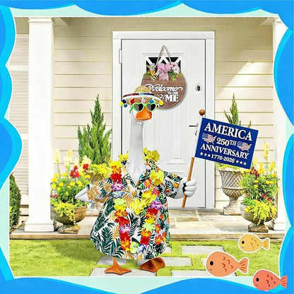 Porch Goose Summer Outfits for 23'' Lawn Porch Goose Clothing Hawaiian Outfits, Summer Lawn Goose Costume, Yard Goose Clothes Hawaiian Wreath with Straw Hat Glasses (with a 250th Years Flag)