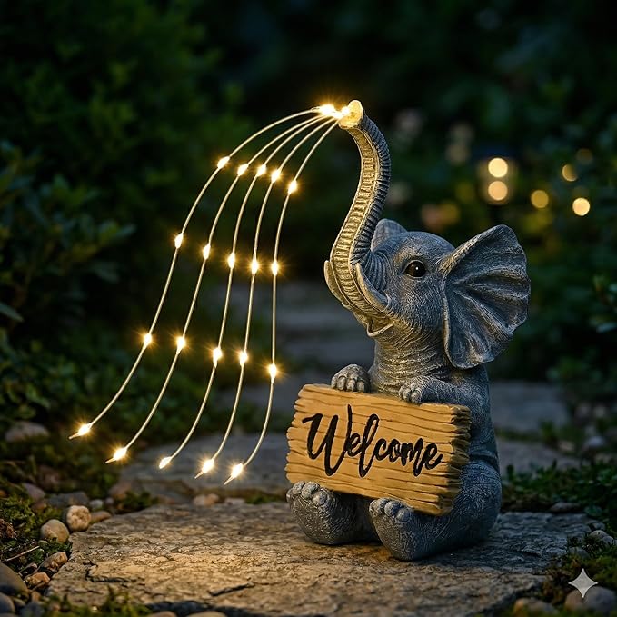 KVR Solar Elephant Statue with Welcome Sign, Outdoor Garden Decor with Warm White Steady-On String Lights, Waterproof Resin Figurine for Front Porch, Patio, Yard, Housewarming Gift