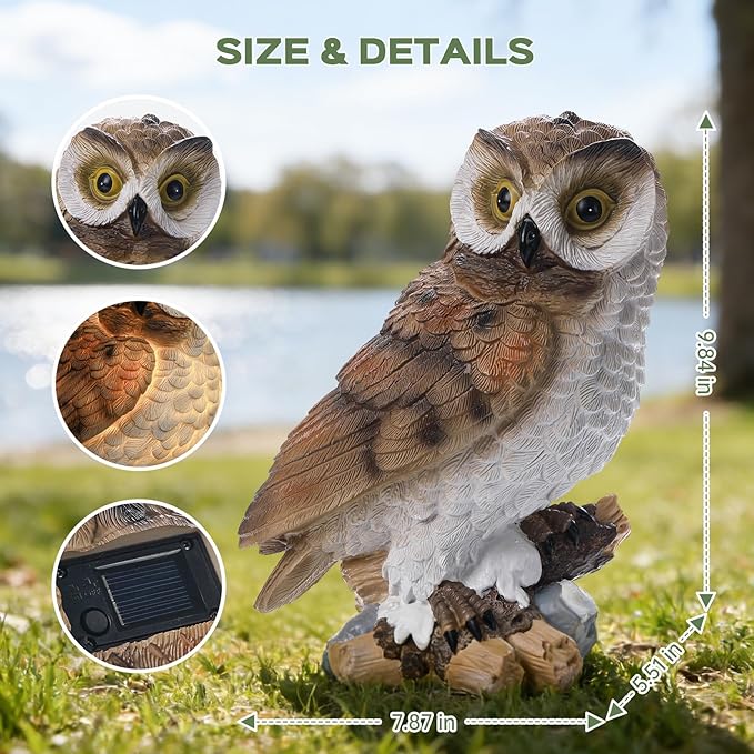 Solar Owl Garden Outdoor Statue,Owls Figurine Sculpture with LED Lights for Porch Patio Lawn Yard Deck Spring Summer Decor - Ideal Easter Day Housewarming for Women Men Owl Lover