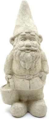 Garden Gnome with Bucket: Solid Durable Stone Statue with Vintage Texture. Sealed for Outdoors. Handcrafted USA. (Classic/White)