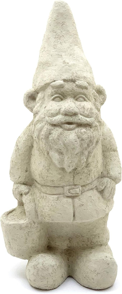 Garden Gnome with Bucket: Solid Durable Stone Statue with Vintage Texture. Sealed for Outdoors. Handcrafted USA. (Classic/White)