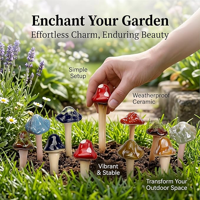 10 Pack Ceramic Garden Mushrooms, Garden Decor,Lawn Ornament Decor Mushrooms for Fairy Garden, Patio, Indoor Plant Pots, 4.7" Tall Pottery Mushroom Statues