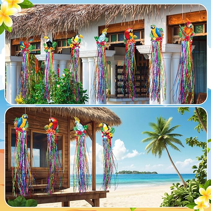 Affrolling 8 Pcs Tropical Birds Party Decoration Hawaiian Luau Tiki Jungle Theme Hanging Outdoor Decor with Tassels for Birthday Party Supplies 3.3 ft Summer Bird Toucan Leaf Garland Door Banner Sign