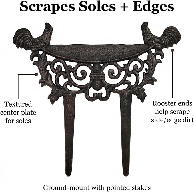 LuLu Decor, Cast Iron Garden Boot Scraper Set of 2, Solid Decorative Design with Pointed Bottom for Easy in ground use, H 10" W 11"(2 Pc Rooster)
