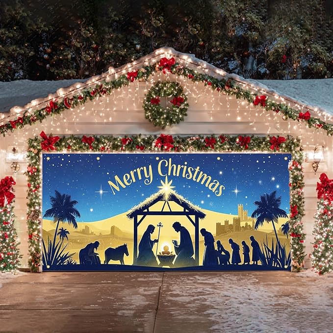 HOMETITUTE Christmas Garage Door Banner 13x6ft Holy Nativity Manger Scene Theme Backdrop Holiday Seasonal Decor Winter Door Cover Banners for Outside Garage Wall Covering for Party