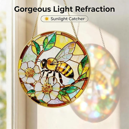LITIVY Stained Glass Window Hanging, Spring Bees & White Dog Rose Suncatcher – Mother’s Day Memorial Gift, Handmade Glass Panel 8 Inch, Whimsical Garden Suncatchers & Rainbow Maker for Women
