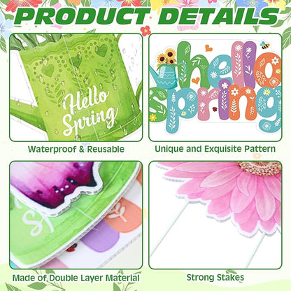Amyhill 12 Pack Hello Spring Yard Decoration Outdoor Flower Garden Lawn Stake Signs with Stakes Waterproof Spring Garden Decor for Holiday Party Patio Lawn Walkway Outside (Retro Style)