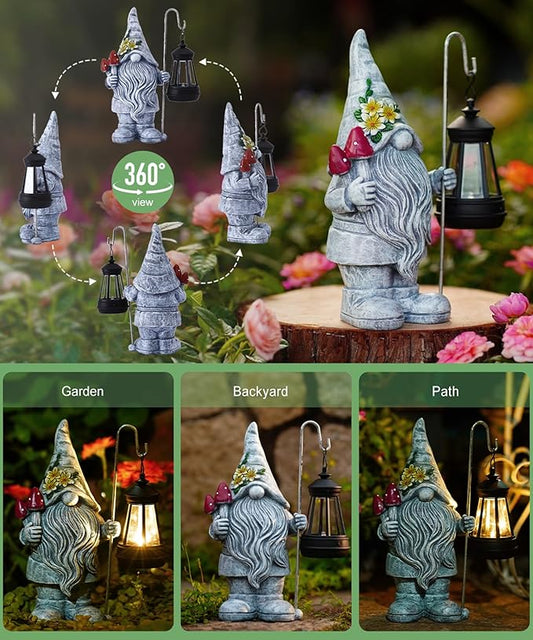Garden Gnome with Solar Lantern: Outdoor Statue Decorations for Home Yard Lawn Balcony Patio Porch - Mothers Day Gifts for Mom Women Grandma