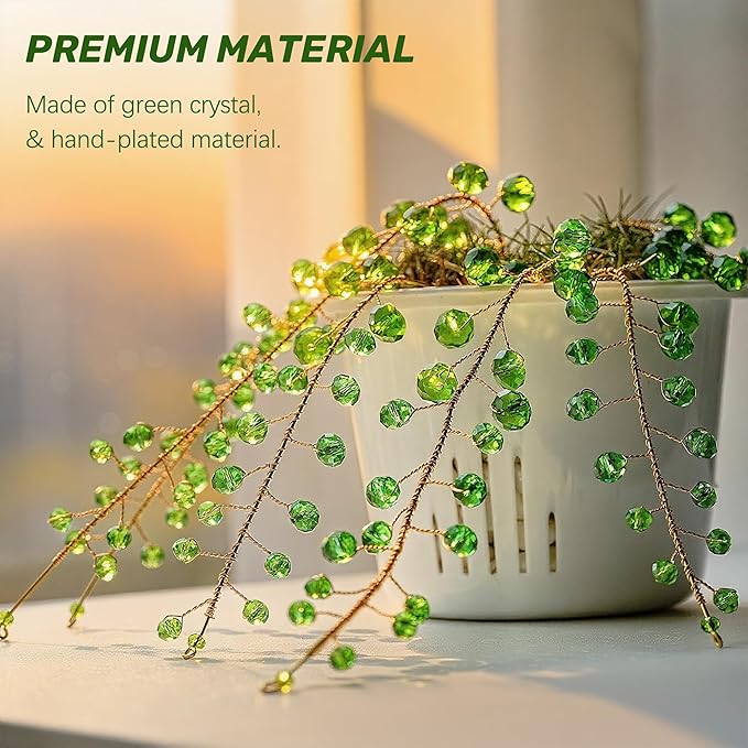 H&D HYALINE & DORA 6 Pcs Crystal Beaded Suncatchers Artificial Green Plants Hanging Wind Chime with Chain for Window Indoor Outdoor Potted Plants Decorations Plant Lover Gift