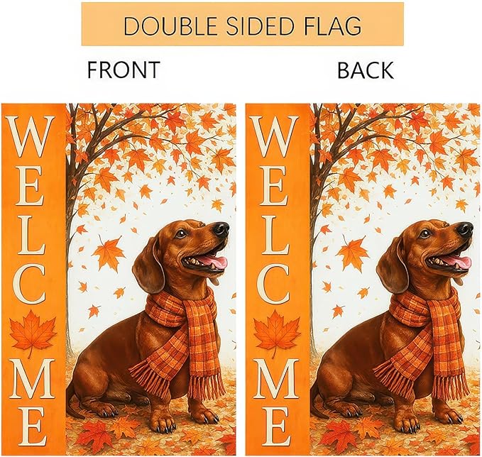 BlissYard Thanksgiving Fall Garden Flag 12x18 Inch Welcome Dachshund Outdoor Flag Double Sided Autumn Yard Banner with Dog and Maple Leaves for Porch Lawn Patio Seasonal Decor