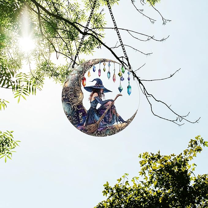 PLIGREAT Moon Witchs Acrylic Suncatcher Window Wall Art Hanging Ornament Painted Colorful Art Crafts Suncatcher for Garden Home Indoor Outdoor Hanging Decor Women Gift