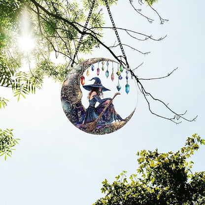 PLIGREAT Moon Witchs Acrylic Suncatcher Window Wall Art Hanging Ornament Painted Colorful Art Crafts Suncatcher for Garden Home Indoor Outdoor Hanging Decor Women Gift