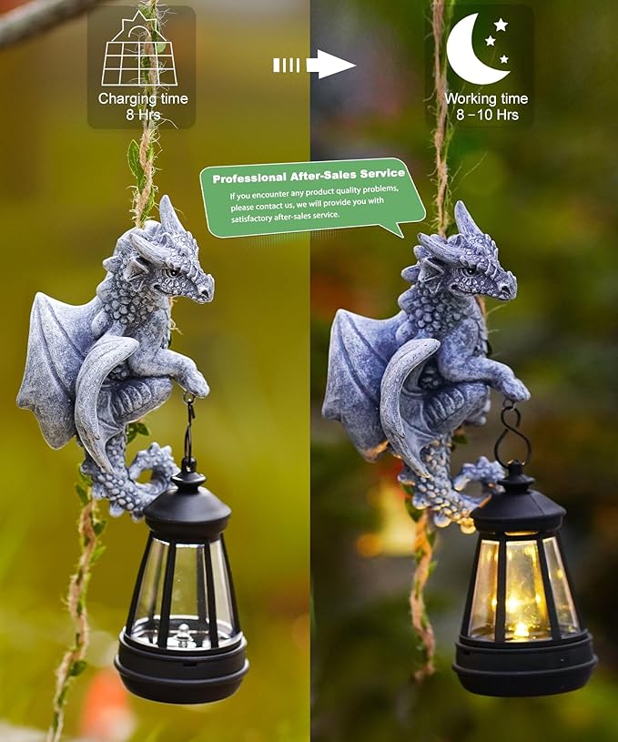 Dragon Outdoor Statue with Lantern: 23.6" Mythical Guardian Figurine & Vine Tree Yard Art, Porch Patio Lawn Decor, Whimsical Outdoor Gift for Mom Children