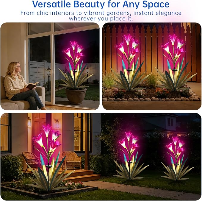 Homight Solar Metal Agave Lily Flower Garden Sculpture with LED Lights 30.3 Inch Waterproof Outdoor/Indoor Yard Decor Handmade Lawn Ornament Gift for Family Friends (2, Blue)