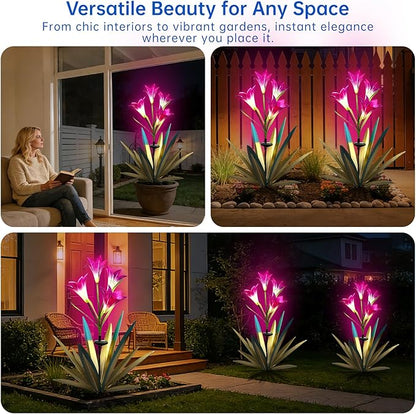 Homight Solar Metal Agave Lily Flower Garden Sculpture with LED Lights 30.3 Inch Waterproof Outdoor/Indoor Yard Decor Handmade Lawn Ornament Gift for Family Friends (2, Blue)