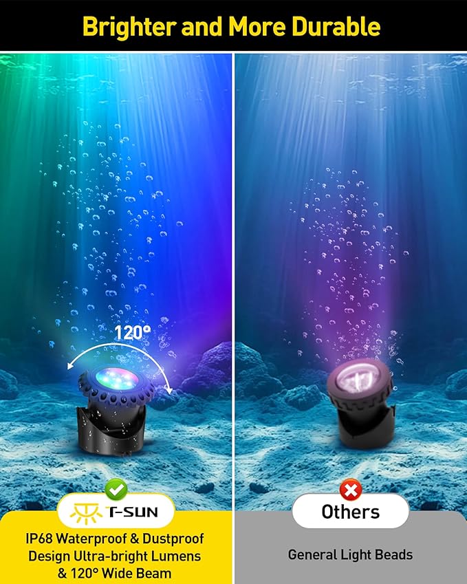 T-SUN Underwater LED Pond Lights – IP68 Waterproof Submersible Fountain Lights with Bluetooth App & Remote, 16 Million Colors Underwater Lighting for Koi Ponds/Garden Water Features Aquarium (10-Pack)