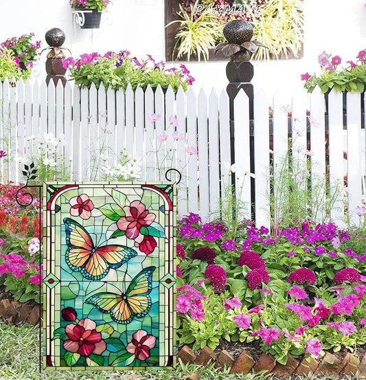 Spring Summer Butterfly Garden Flag 12x18 Inch Double Sided, Stained Glass Floral Butterfly Yard Flag, Colorful Flower Outdoor Lawn Patio Porch Farmhouse Garden Decor
