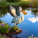 Metal Pelican Garden Staue, 18.5in Large Coastal Pelican Outdoor Yard Art Decor with Hand-Painted Blue & White Finish, Lifelike Bird Sculpture for Backyard Pond, Patio, Flowerbed or Home Decor