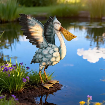 Metal Pelican Garden Staue, 18.5in Large Coastal Pelican Outdoor Yard Art Decor with Hand-Painted Blue & White Finish, Lifelike Bird Sculpture for Backyard Pond, Patio, Flowerbed or Home Decor