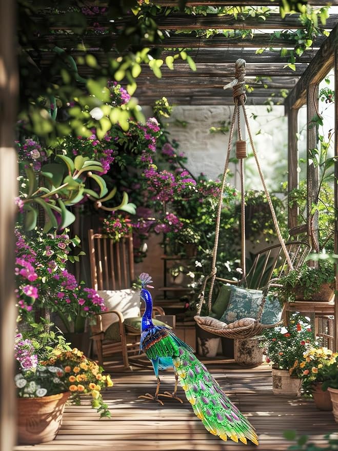 YEAHOME Garden Decor Outdoor Statues, 24.4" Large Metal Peacock Standing Yard Art, Blue Green Bird Lawn Sculptures Garden Decor for Outside Patio Porch Backyard