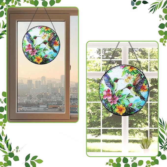 Stained Glass Window Hanging Hummingbird Suncatcher - 8 Inch Wildflower & Bird Sun Catchers for Windows, Indoor/Outdoor Wall Art Decor - Gift for Bird Lovers Women Mother's Day Christmas