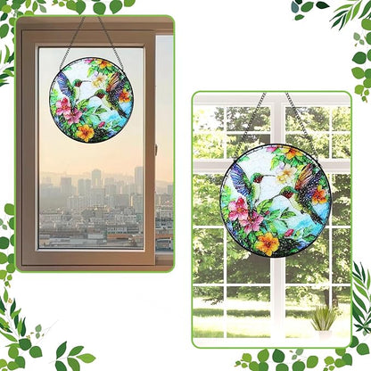 Stained Glass Window Hanging Hummingbird Suncatcher - 8 Inch Wildflower & Bird Sun Catchers for Windows, Indoor/Outdoor Wall Art Decor - Gift for Bird Lovers Women Mother's Day Christmas