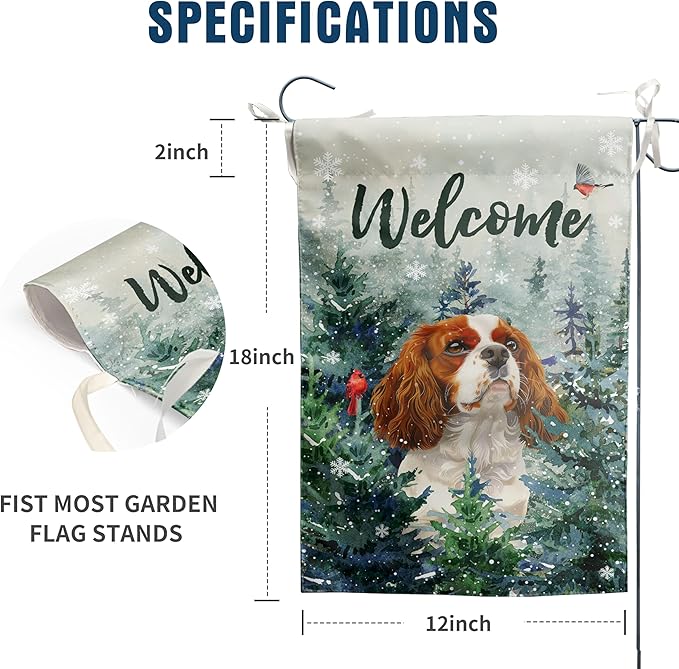 Welcome Winter Garden Flags Cavalier King Charles Spaniel Garden Flag Cardinal Birds on Snowy Pine Tree Flag Dog Yard Flags for Outside 12x18 Double Sided Christmas Decorative Lawn Flags