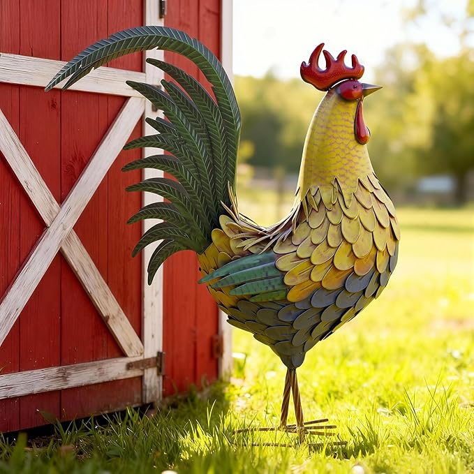 32" Metal Rooster Decor, Large Outdoor Garden Statues, Metal Chicken Sculpture for Backyard Patio Kitchen Decor