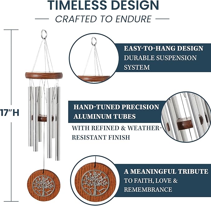 Woodstock Chimes Signature Collection, Woodstock Habitats Chime, 17'', Silver, Teak, Tree of Life Wind Chimes for Outdoor, Patio, Home or Garden Decor (HCTT)