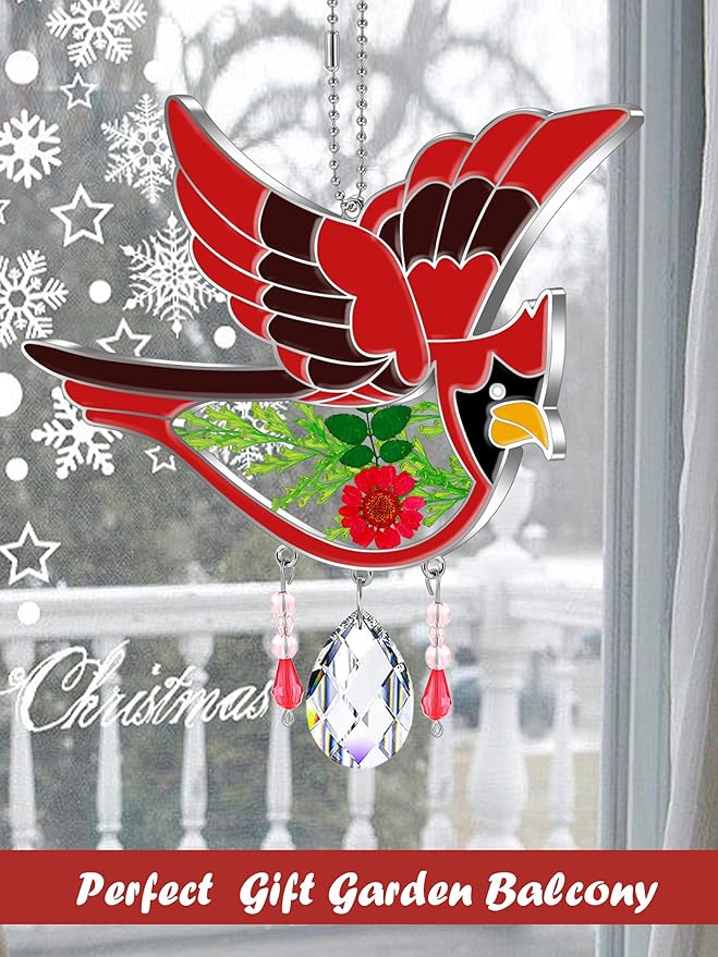 KY&BOSAM Crystal Cardinal SuncatcherStained Glass Hand Painted Color Sun Catcher for Windows Hangings Ornament with Pressed Flower and Heart Charm Gifts for Mom Mothers Day Birthday Christmas Decor