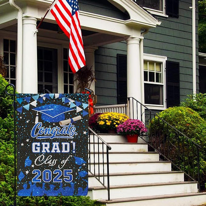PAMBO Graduation Garden Flag Class of 2025, Blue Congrats Grade Flag for Outside Hanging Decors 12x18 Inch Burlap