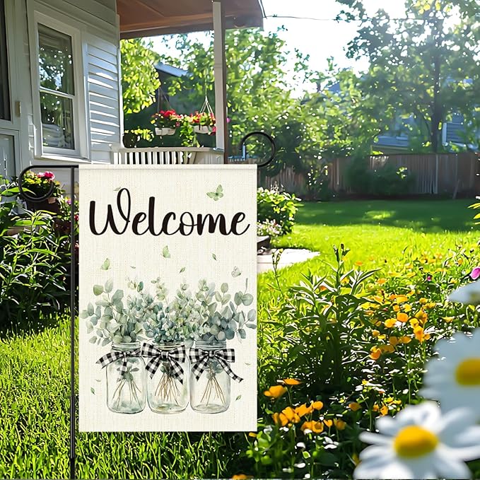 Welcome Garden Flags for Outside,Eucalyptus Mason Jar Spring Yard Flag for Lawn Porch Outdoor Decorations 12x18 Inch Double Sided