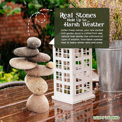 Happy Gardens Zen Stacked Rocks Sculpture | Cairn Statue Balancing Rock Stone Decor for Japanese Garden | Stacking Pebbles