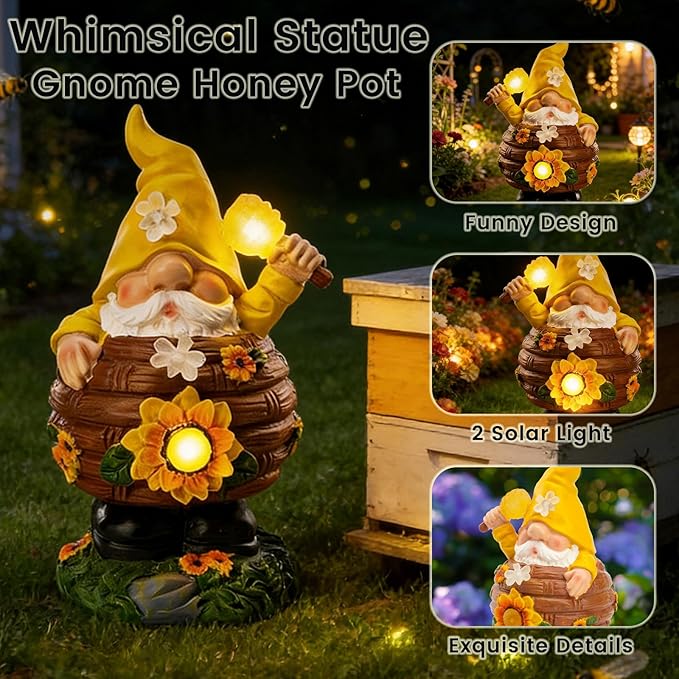 AVEKI Solar Garden Gnome Statue, Funny Gnome Honey Pot Figurine with Solar Light, Outdoor Waterproof Resin Garden Art for Patio Yard Lawn Balcony Ornament, Ideal Gift for Mom Grandma Women