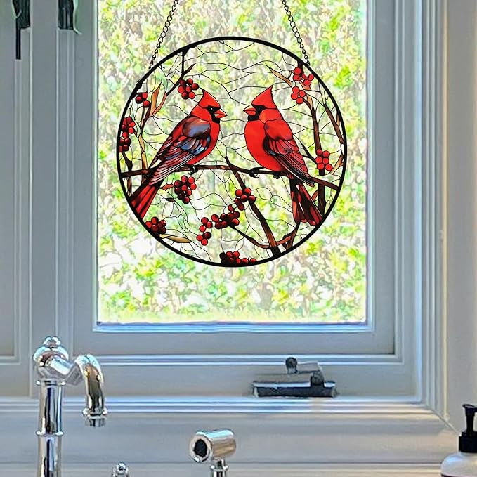 Red Cardinal Memorial Suncatcher – Stained Glass Window Hanging with Bird on Branch, Sympathy Hope Comfort Gift for Mom Grandma Women Bird Lover, Garden Patio Kitchen Decor, 8 Inch