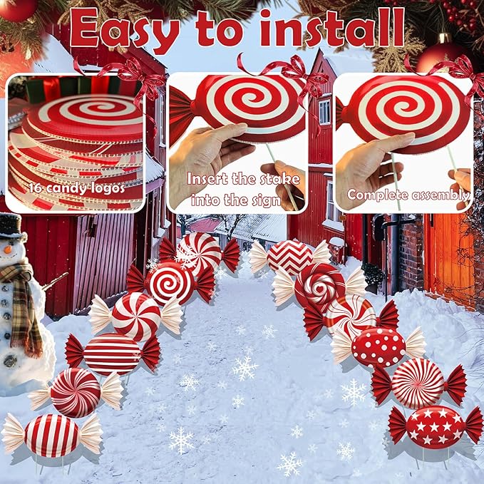 B‌oGlowHaven 12ct Candy Christmas outdoor Decorations‌ Birthday Decorations Waterproof Corrugated Cardboard Yard Signs with 24 Plastic Stakes 17 inch Holiday Pathway Decor for Garden Walkway and Party