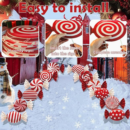 B‌oGlowHaven 12ct Candy Christmas outdoor Decorations‌ Birthday Decorations Waterproof Corrugated Cardboard Yard Signs with 24 Plastic Stakes 17 inch Holiday Pathway Decor for Garden Walkway and Party