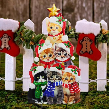 Cute cat Garden Insert, Christmas Art Decoration Yard Sign, Santa hat-Wearing Post, cat Stacking Fun Christmas Tree-Shaped pet Post, Outdoor Lawn Decoration