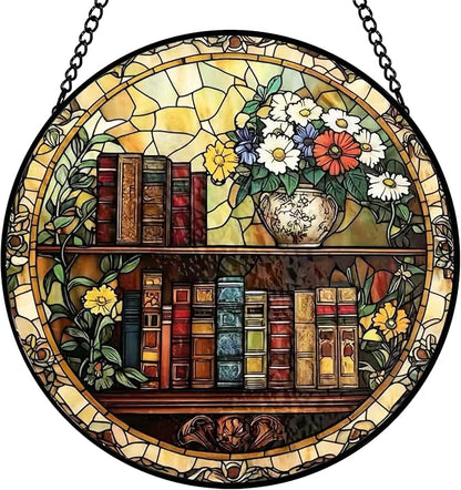 Book Suncatcher Stained Glass Window Hanging - 8 Inch Books Flowers Suncatchers for Windows Hanging - Sun Catchers Indoor Wall Decor Glass Panel with Hook - Bookish Gifts for Women Men Book Lovers