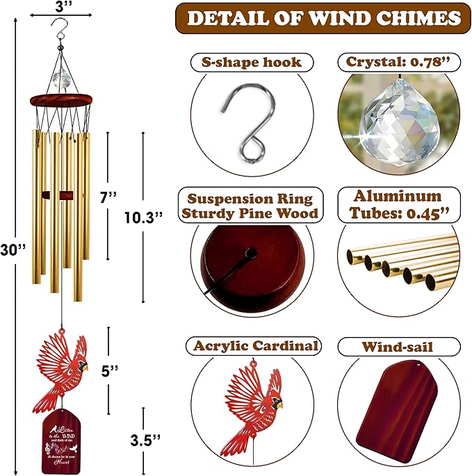 30'' Memorial Crystal Wind Chimes Loss of Mom Dad Grandparent Sympathy Cardinal Bird Keepsake Weatherproof Windchime Remembrance Gift in Memory Loved Ones for Window Outdoor Garden Decor HW2-RW