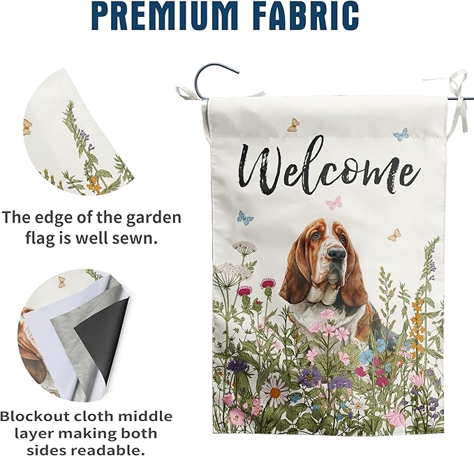 Spring Summer Garden Flag Floral Basset Hound Yard Flag Flower Dog Garden Flags for Outside Small Outdoor Welcome Flags 12x18 Double Sided