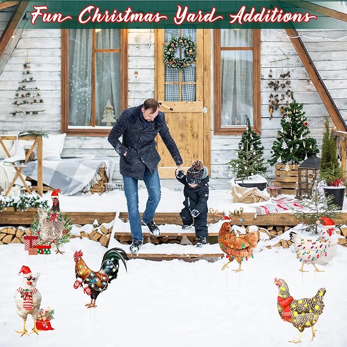 6 PCS Christmas Chicken Decorations Christmas Chicken Yard Sign with Stakes Waterproof Xmas Outdoor Yard Signs Lawn Decor for Holiday Garden Patio