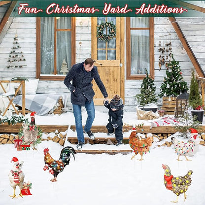 6 PCS Christmas Chicken Decorations Christmas Chicken Yard Sign with Stakes Waterproof Xmas Outdoor Yard Signs Lawn Decor for Holiday Garden Patio
