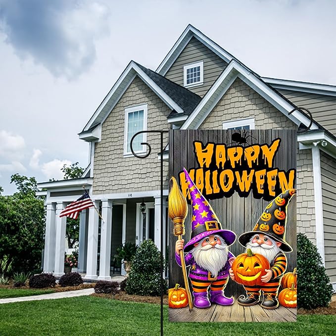 BlissYard Halloween Horror Garden Flag 12x18 Inch Pumpkin Gnome Happy Halloween Flag Lantern Flames Outdoor Yard Decor House Banner Porch Lawn Patio Home Decoration